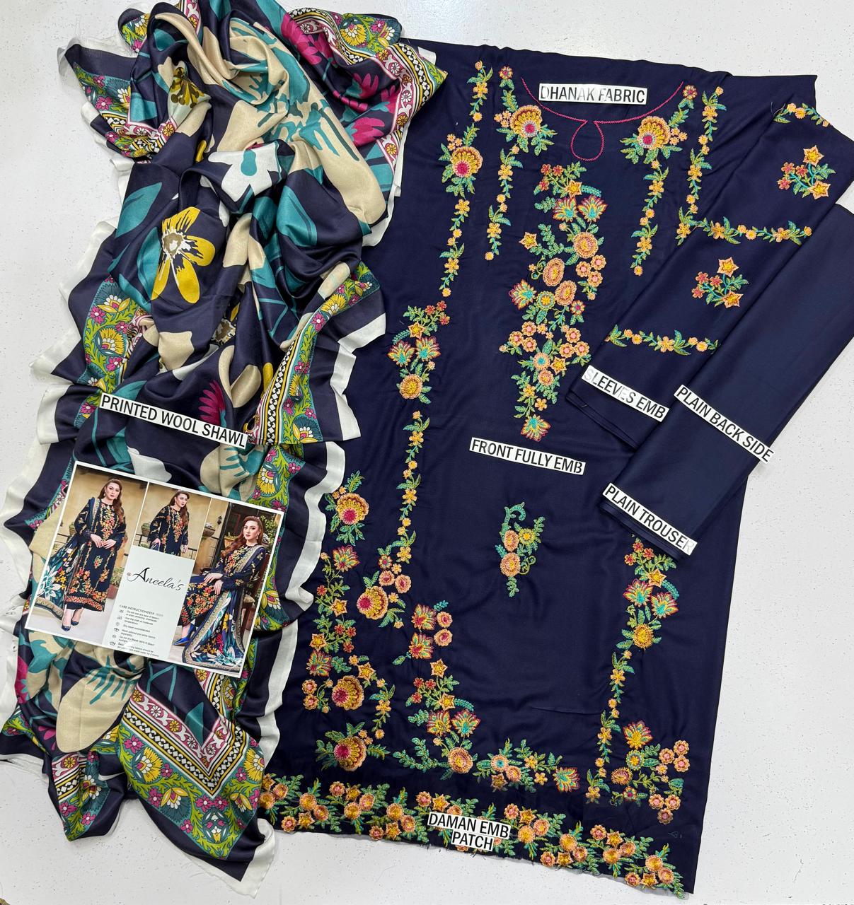 ANEELA'S Embroidery Dhanak 3PC